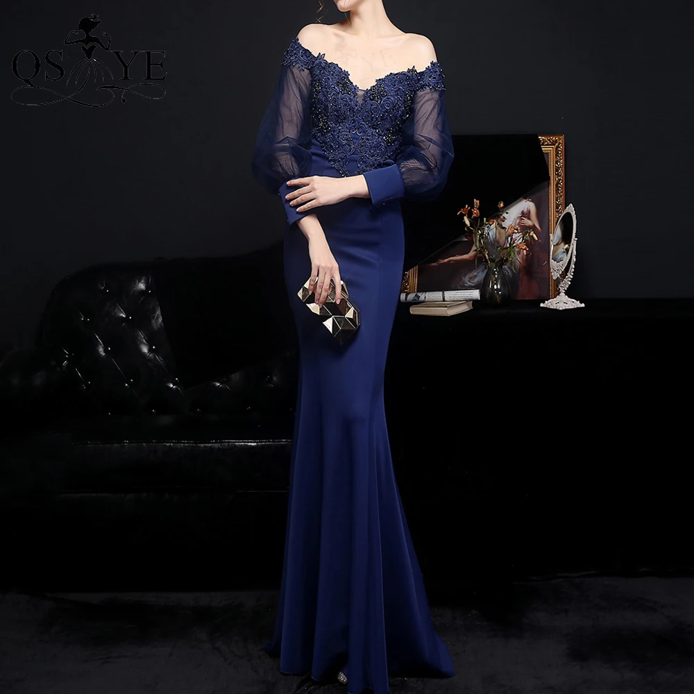 Navy Prom Dresses Long Tulle Sleeves Evening Dress Stretch Satin Formal Dress Lace Applique