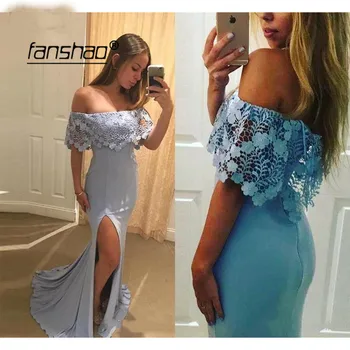 

Blue Off Shoulder Muslim Evening Dresses Mermaid Ruffle Slit Special Occasion Islamic Dubai Saudi Arabic Evening Gown Prom Dress