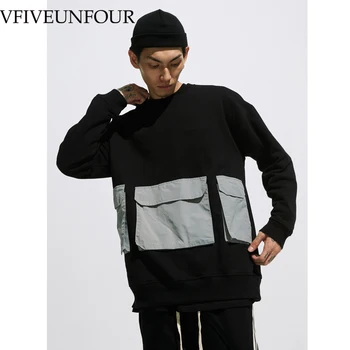 

VFIVEUNFOUR 2019 High Street Front Ribbon Pockets Color Block Patchwork Sweatshirts Hip Hop Casual Tracksuit Streetwear Men