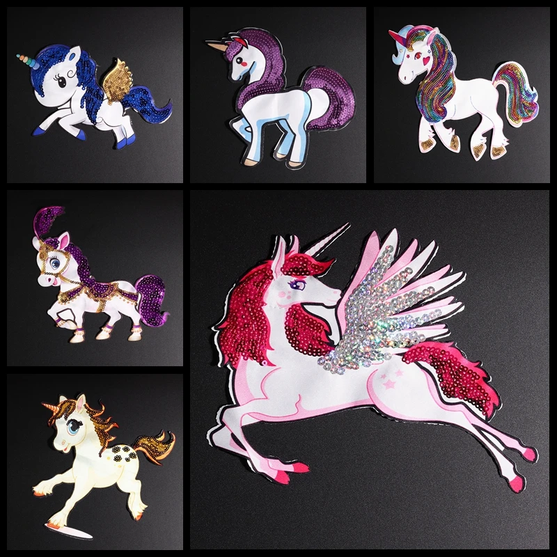 

Flying Unicorn Wings Sequin Patches Iron On Cartoon Appliques Rainbow Horse DIY Sewing Accessories Decoration For Clothes Badge
