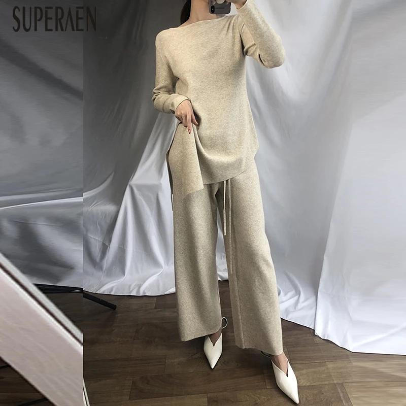 SuperAen/модные трикотажные женские комплекты, осень, новинка, Необычные пуловеры, свитер, повседневные женские вязаные длинные штаны, два предмета, женские