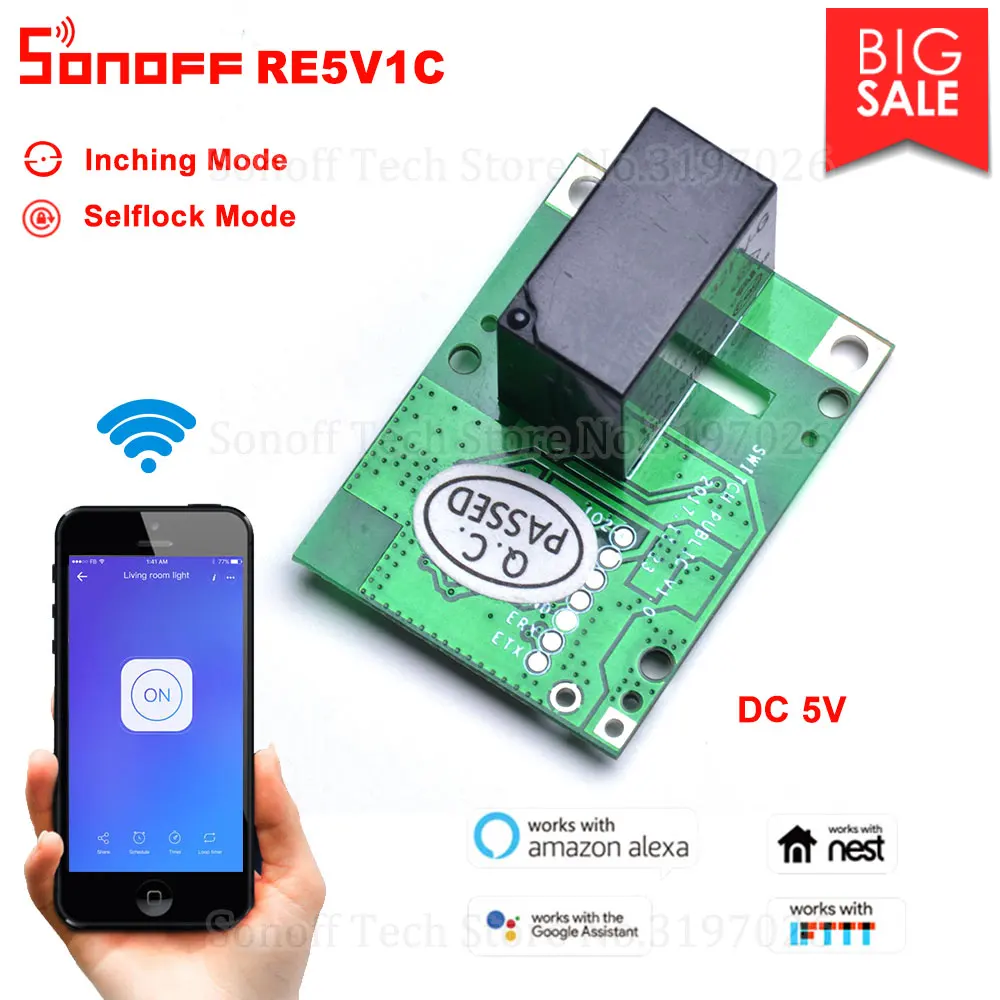 

Itead Sonoff RE5V1C 5V DC Wifi Inching/Selflock Relay Module Switch Work via eWelink app Support Amazon Alexa Google Home IFTTT