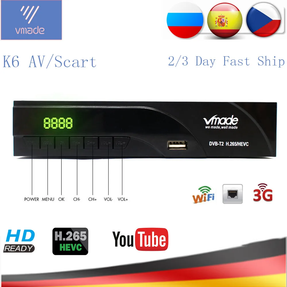Цифровой спутниковый ресивер Vmade DVB-T2 HD H.265/HEVC DVB T2 ТВ-тюнер Поддержка RJ45 LAN AC3 аудио
