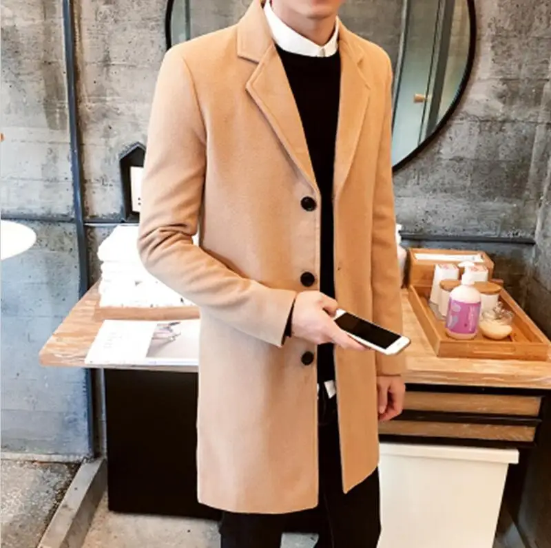 New Winter Wool Coat Men Leisure Long Sections Woolen Coats Men's Pure Color Casual Fashion Jackets/Casual Men Overcoat 3XL - Цвет: Хаки