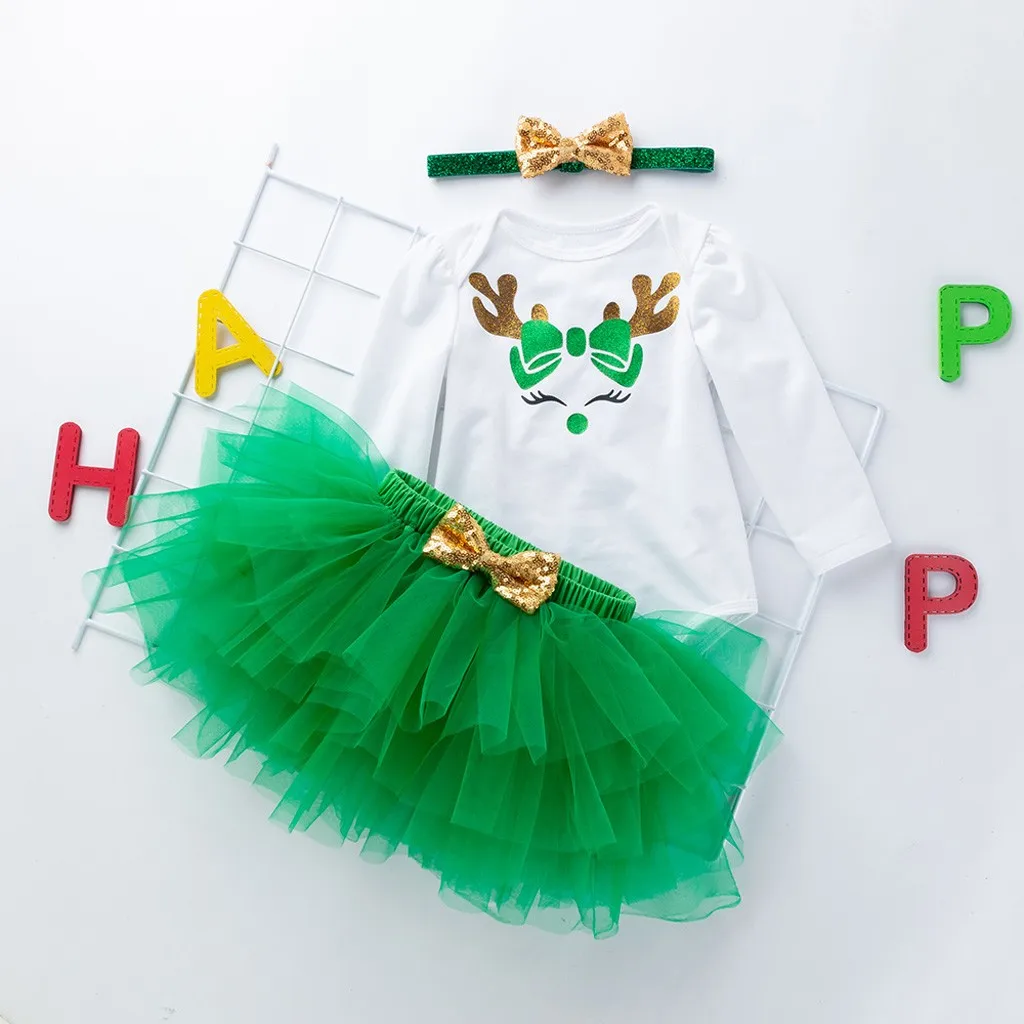 Christmas Infant Baby Girl Clothes Set Deer Print Bodysuit Skirt Headband 3pcs Outfits Happy New Year Newborn Clothing For Baby