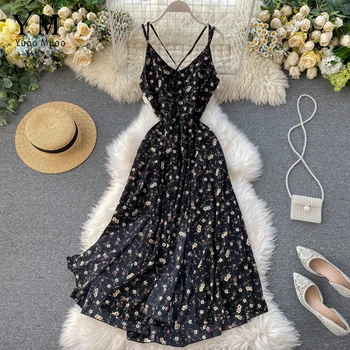 

YuooMuoo Women Backless Flower Print Maxi Dress Bohemian Summer Sleeveless Long Beach Dress High Waist Chiffon Dress robe femme
