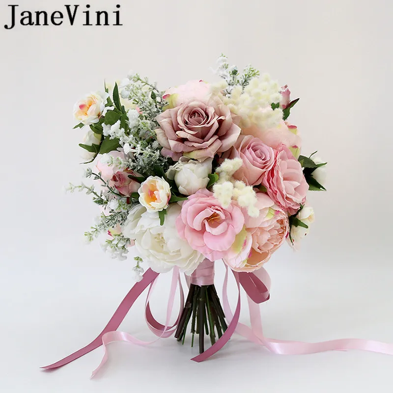 JaneVini 2020 Blush Pink Flower Wedding Bouquet Charm Artificial White Fleur Rose Bride Bridal Bouquets Brooches Ruban Bouquet