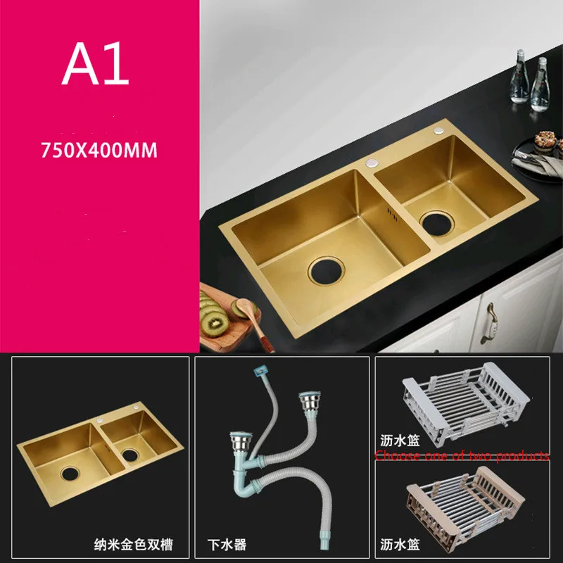 Brushed Gold Kitchen Sink Thick 4mm Single Bowl Above Counter Nano Coated Sink with Drain Basket Black Sink 304 Stainless Steel - Цвет: A1