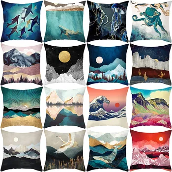 

45*45 Painting Oil Mountain Forest Whale Soft Cushion Cover Decorative Pillow Cover for Car Home Office Throw Pillows
