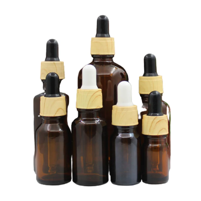 

False Wood Lid Cosmetic Packaging Brown Glass Bottle Travel Rubber Dropper Essential Oil Vial 5ml 10ml 15ml 20ml 30ml 50ml 100ml