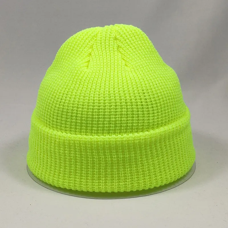 Solid Colors Short Beanies Hat for Men Women Winter Knit Cap Skullies Yellow Orange Beige Grey Navy Black - Цвет: neon yellow