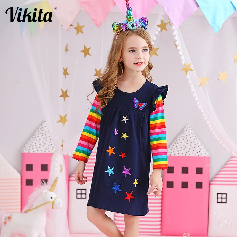 

VIKITA Brand Girls Dresses Kids Baby Striped Roupa Infantil Dress Child Clothes Girls Butterfly Star Embroidery Cartoon Dresses