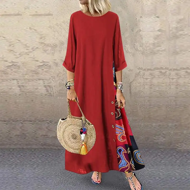 

Women Vintage Floral Printed 3/4 Sleeve Pacthwork Dress ZANZEA Autumn Crew Neck Kaftan Sundress Casual Retro Party Vestido Plus