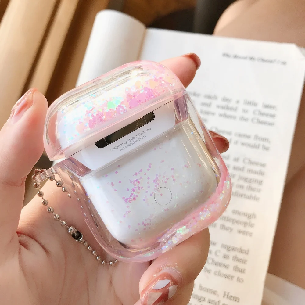 Яркий блестящий чехол с жидкими блестками для Apple Airpods прозрачный кристально чистый защитный чехол для наушников с цепочкой