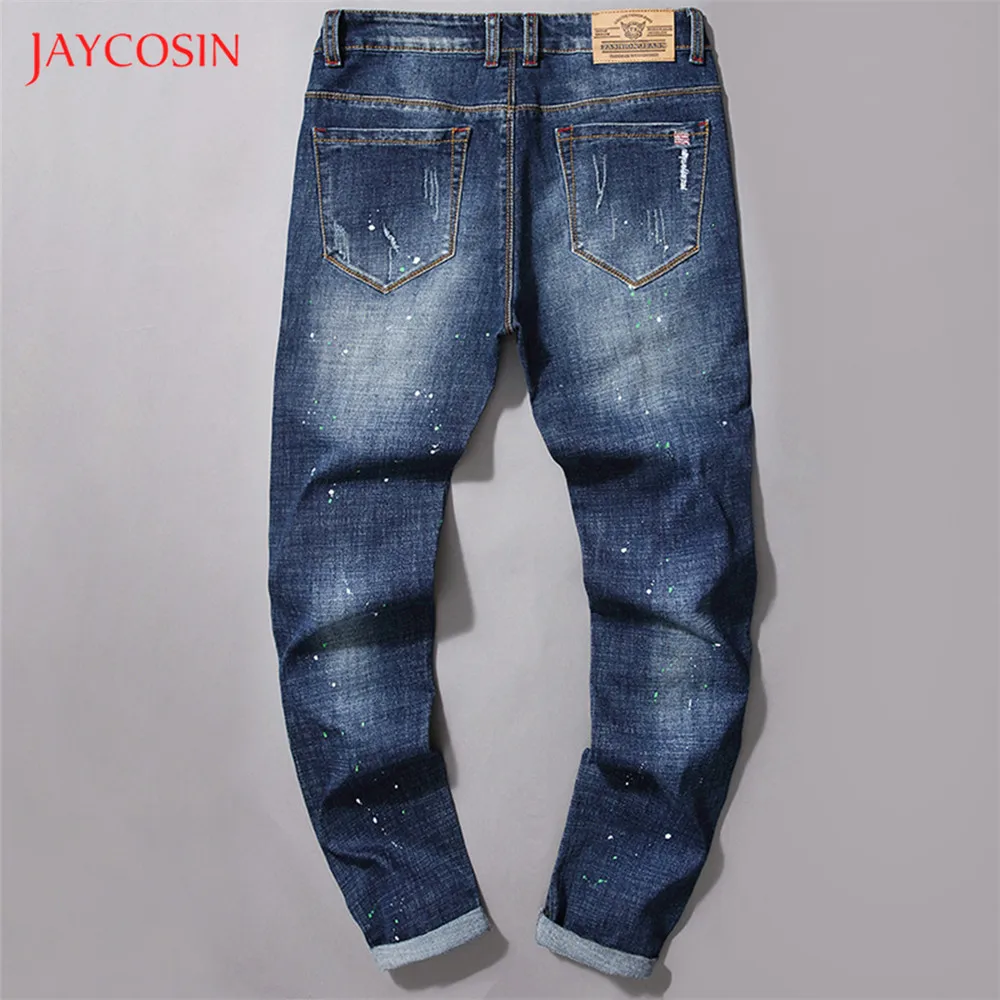 Jaycosin мужские модные плиссированные джинсовые повседневные Прямые Джинсы Стрейчевые потертые джинсы брюки рваные отбеленные джинсы брюки