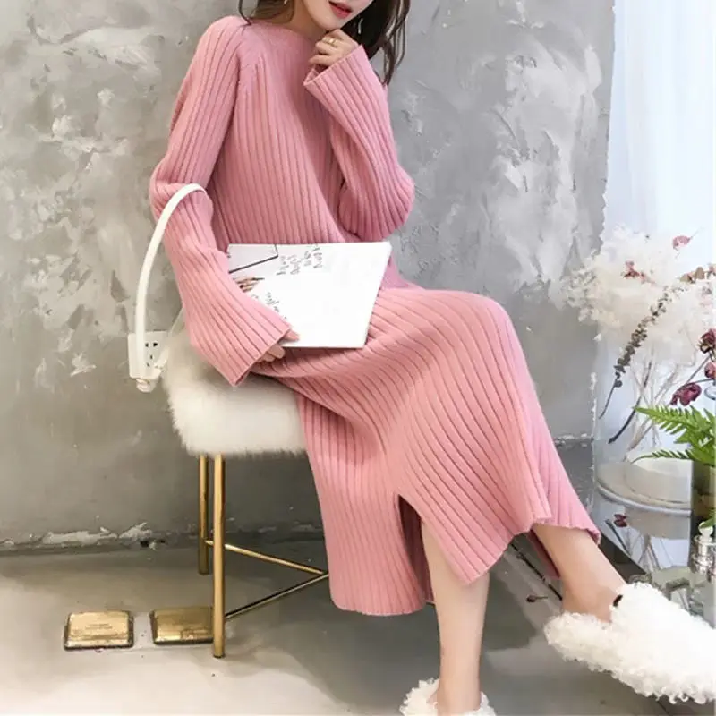 pink Длинный пуловер платье свитер женское осенне-зимнее нижнее вязаное платье халат Femme элегантное платье с длинными рукавами трикотаж Vestidos C5823 - Цвет: pink