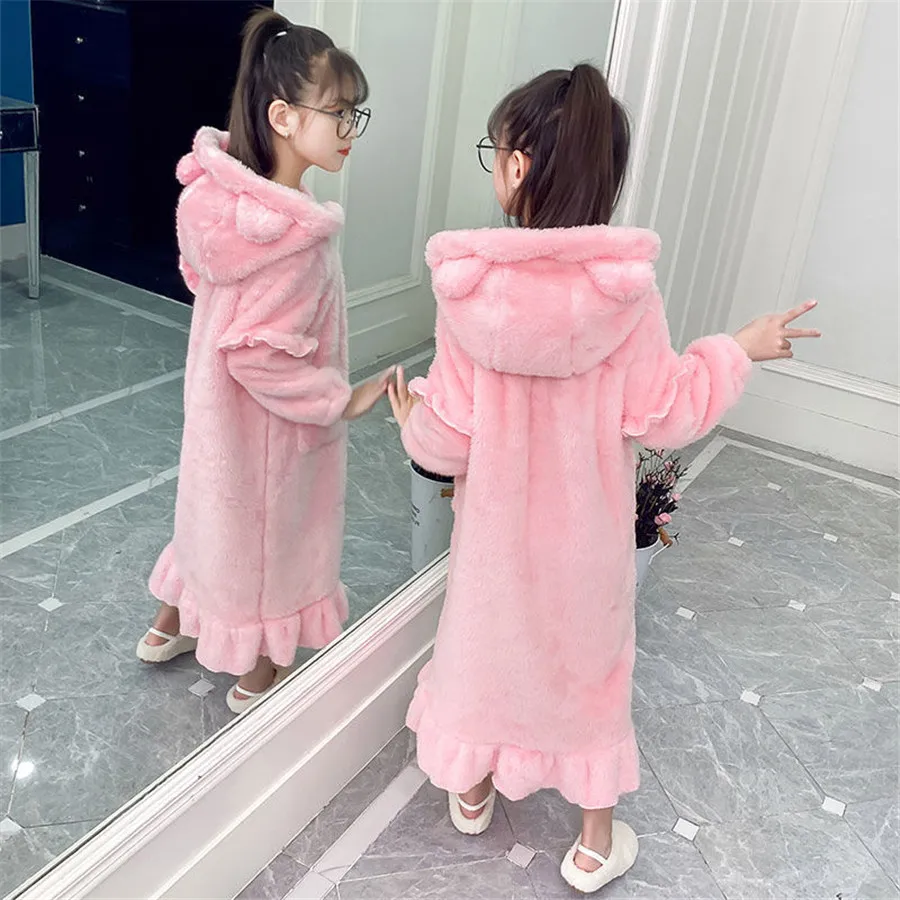 home swee Girls Fleece Bath Robes Toddler Plush Hooded Bathrobes Printed Flannel Sleepwear for Girl 