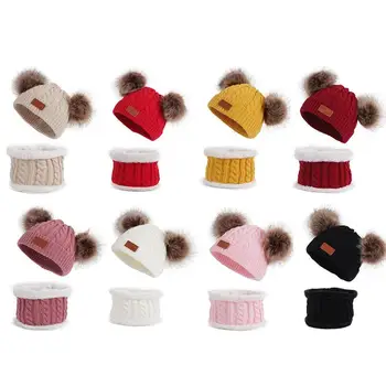 

Two pieces Hat Scarf Set Beanie Cap Children's Hats Fake Pompon Knitted Ball Skullies Winter Keep Warm Caps Kids Girls Bone Y8L8