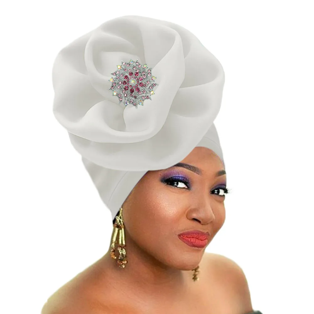 African headtie women auto gele stretch turban rose flower shape headwraps (11)