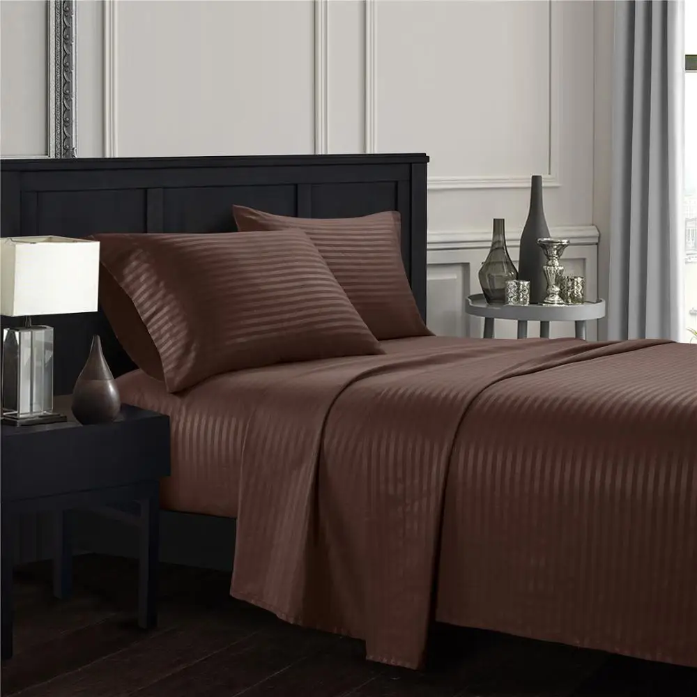

Brown Plain satin striped Bedding Sheet Set Bed Linens Flat Sheet+Fitted Sheet+Pillowcase Twin/Full/Queen/ King Soft Comfortable