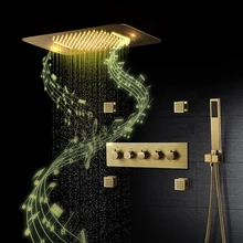 Luxurious Brushed Gold Thermostatic LED Shower System Bathroom Faucet Music Rain Shower Panel Higt Pressure Waterfall Showerhead