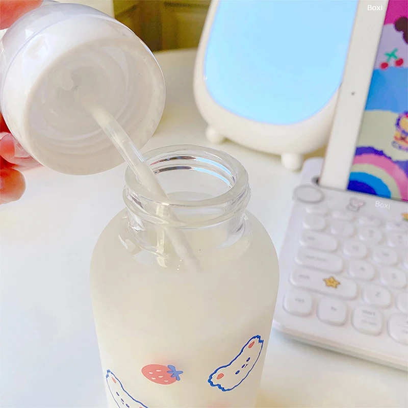Horké 320ml kawaii mateřské znaménko medvěd sklo voda láhev pro dívčí děti dospělý mléko džus sláma pohár matného leakproof pití lahve