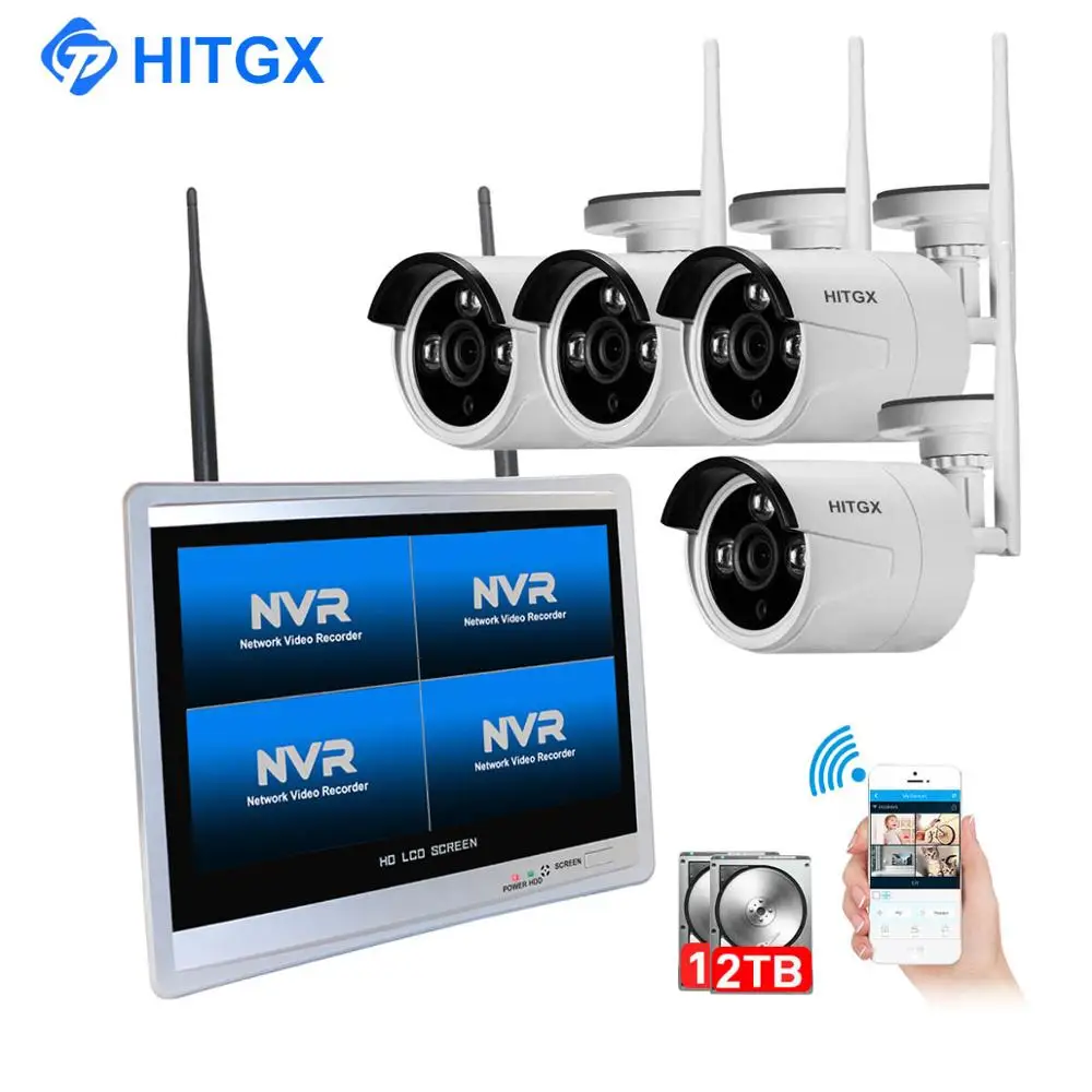

4CH 1080P 12‘’ LCD monitor NVR CCTV Camera kit surveillance system wireless HD infrared night vision WIFI monitoring camera kit