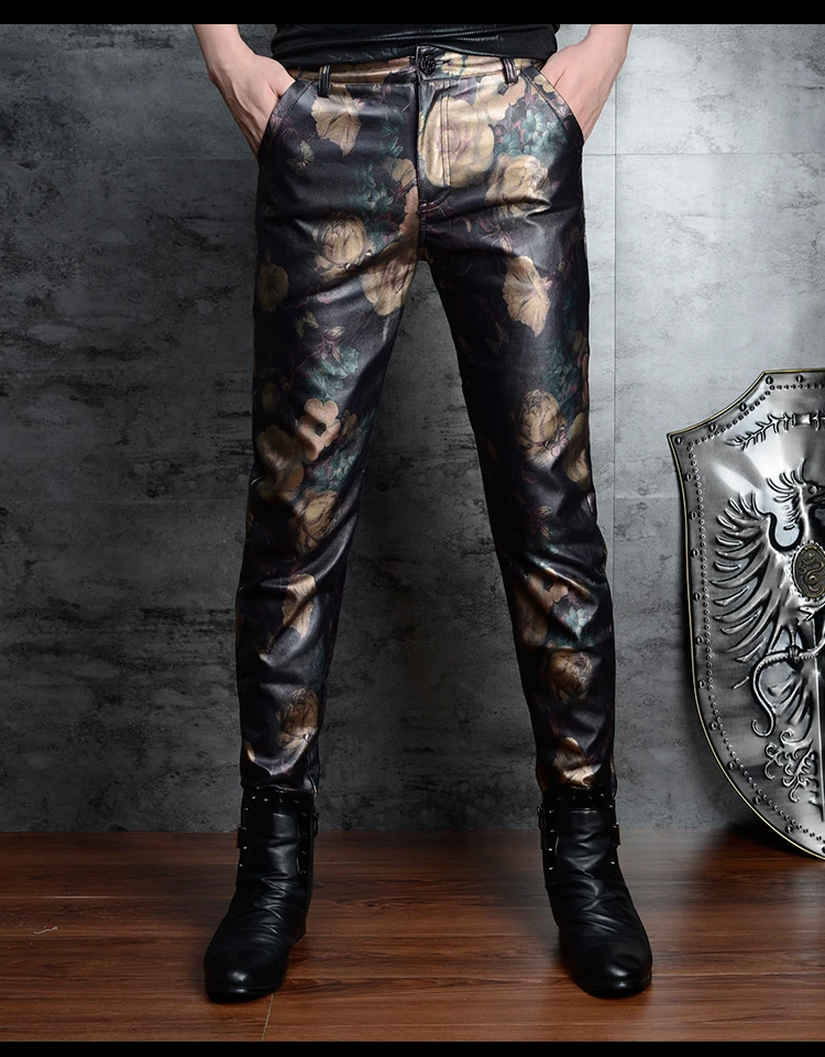 Floral Faux Leather Pants Men 2022 