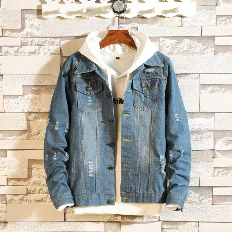 

Autumn Hole Denim Jacket Men Fashion Washed Solid Color Casual Denim Jacket Man Streetwear Loose Hip Hop Bomber Jacket Men M-5XL
