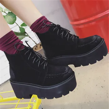 

2020 Autumn No Fur Lace Up Thick Sole Platform Heel Ankle Military Combat Boots for Women Punk Gothic Ladies Wedge Shoes