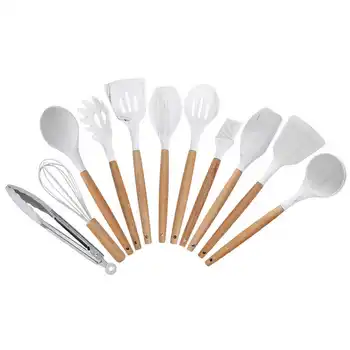 

Kitchen Utensil Tools Cookware Parts 12PCS Silicone Kitchen Utensil Non‑Stick Wooden Handle Cooking Baking Tool with Storage