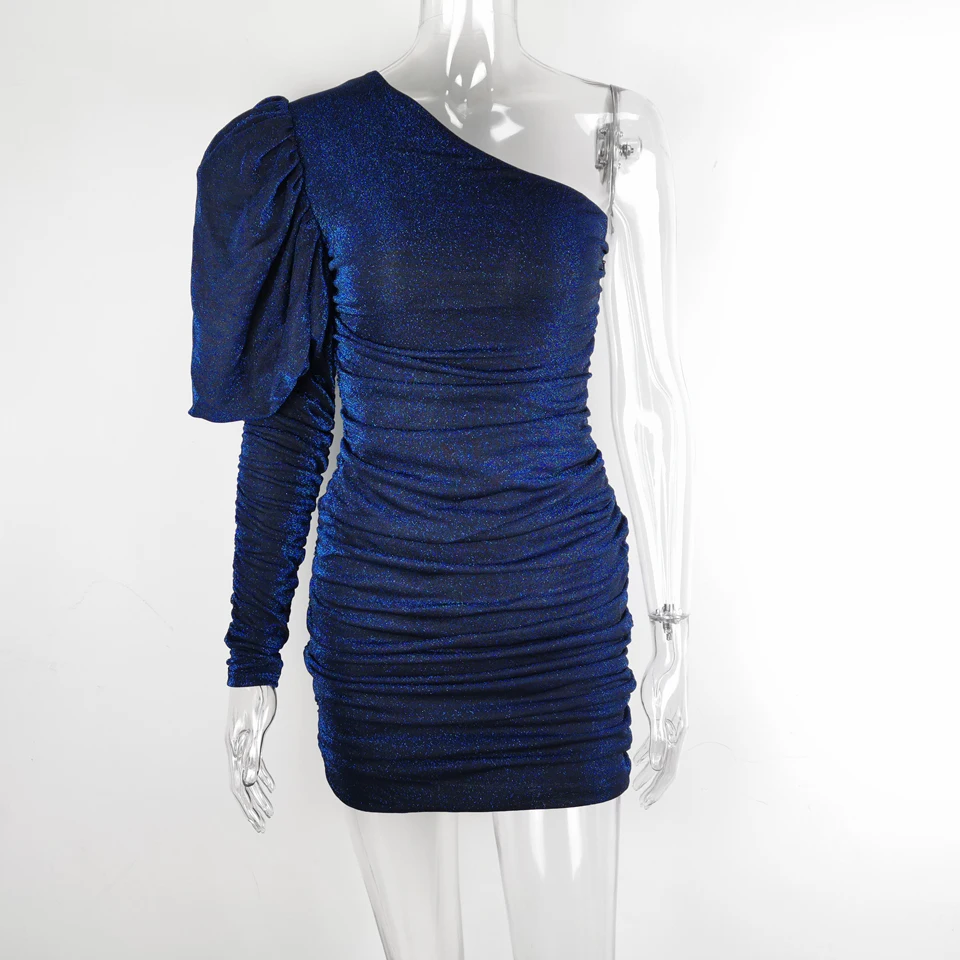 Flash Deals Mg5Id JillPeri Women One Shoulder Puff Sleeve Sparkle Galaxy Mini Dress Sexy Shinny Chic Ruched Celebrity Outfit Stretch Party Dress