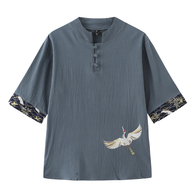Chinese Style Men Crane Embroidery Coil Loose Black White Ancient Tang Suit Han T Shirt Summer Street Fashion | Мужская одежда