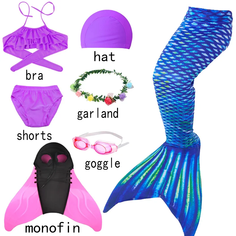 ; комплект из 3 предметов на Хэллоуин; детский купальник с хвостом русалки и шортами для девочек; платье для плавания с топом для девочек - Цвет: 7pcs monofin-H