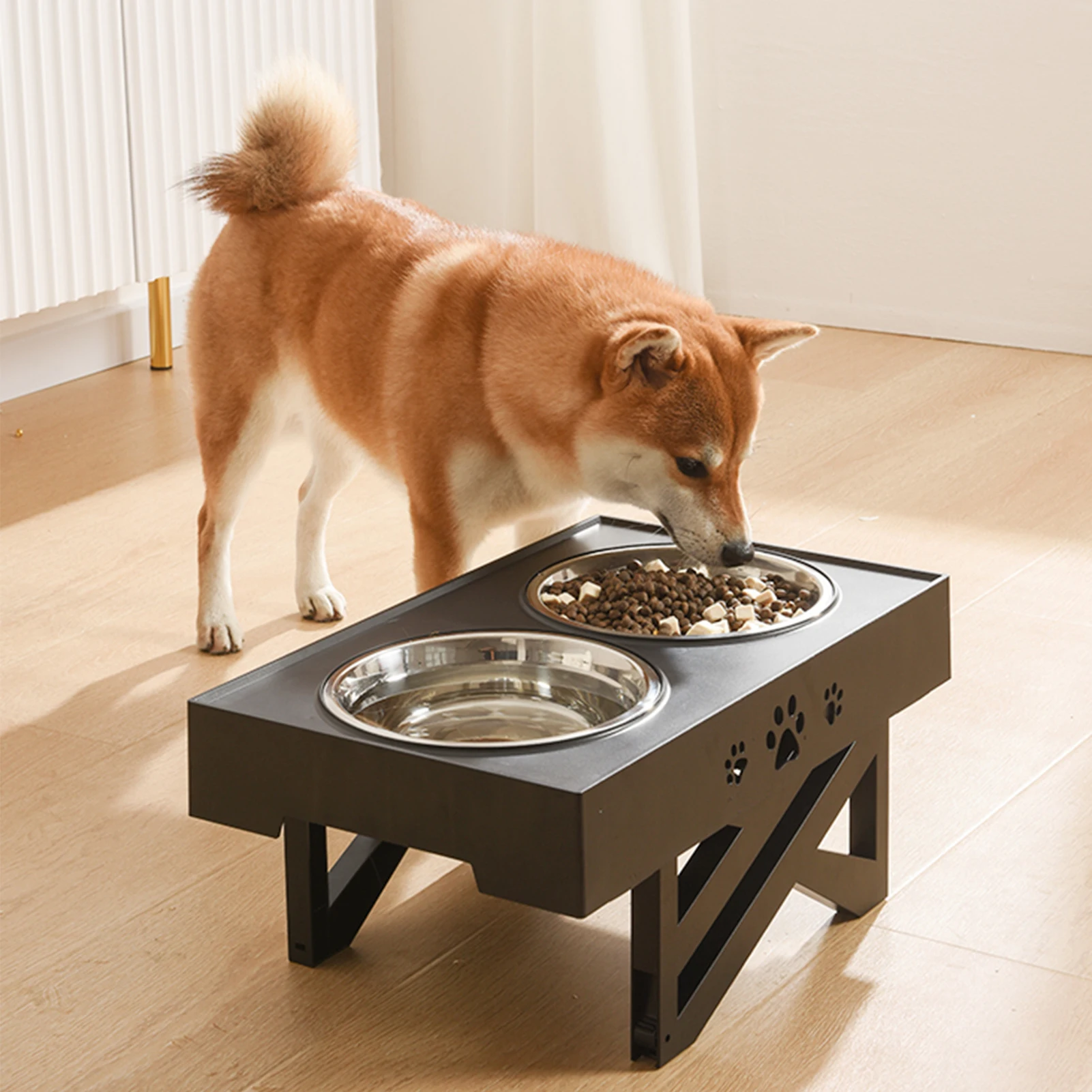 

Adjustable Elevated Dog Bowl Table with Double Stainless Steel Bowl Raised Dogs Stand for Pet Antislip Detachable Water Feeder