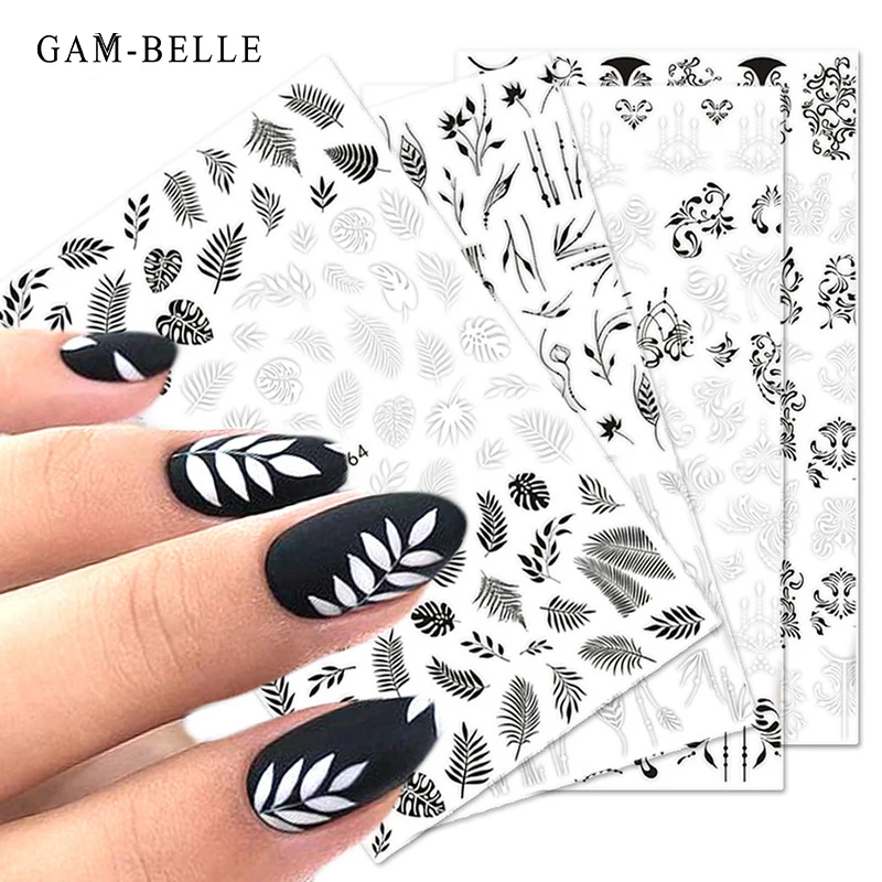 

1pcs 3D Nail Slider Black and white lace maple leaf vintage flower vine Decals Adhesive Manicure Tips Nail Art Decorations
