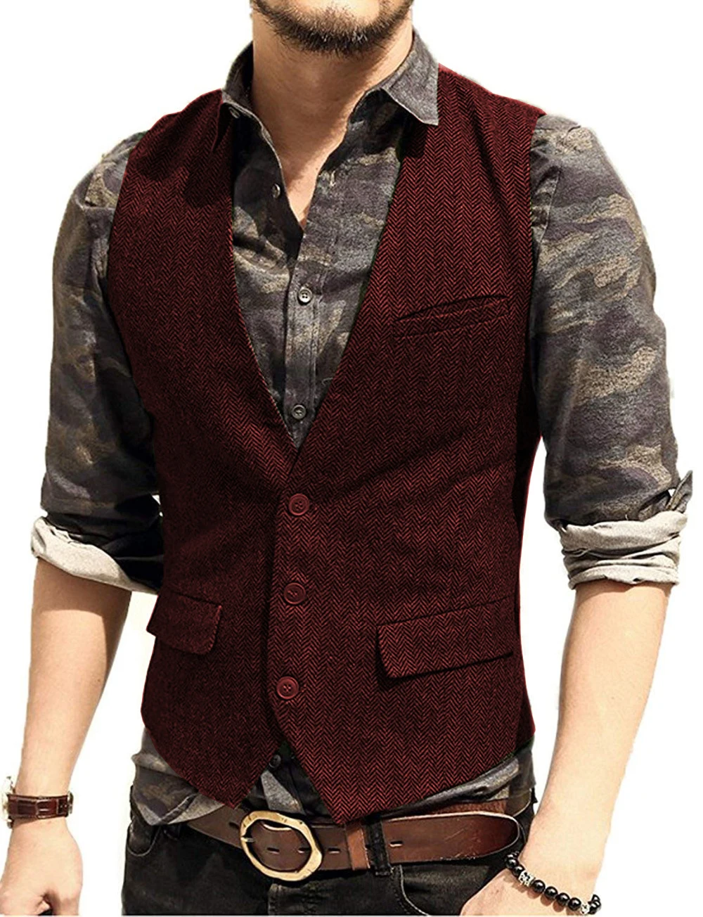Men's Suit Vest V Neck Wool Herringbone 