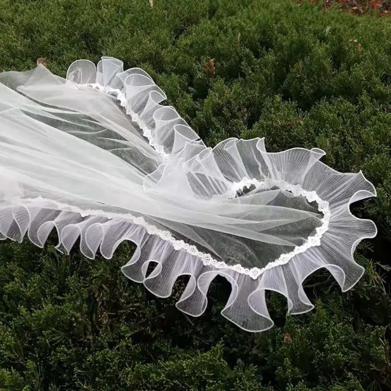 1.5m Single Layer Women Soft Mesh Short Wedding Veil Cover Face Wavy Agaric Ruffles Lace Trim Classic Bridal Hair Accessories