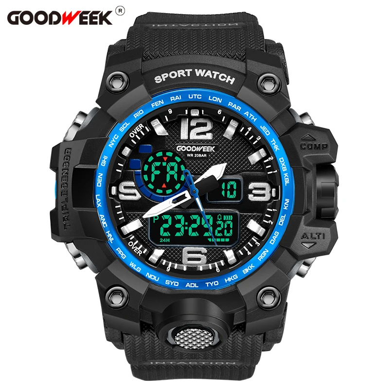 Billig GOODWEEK Mann Sport Uhr Militär Armee Wasserdichte Digital Quarz Uhr Für Männer Dual Display Uhren Schwimmen Relogios Masculino