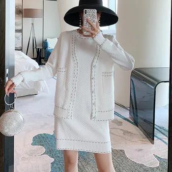 

New arrival 2020 Autumn Korean Elegant Fashion Knitted 2 Piece Sets Women Single-breasted Cardigan + Mini Dress Suits Outfits