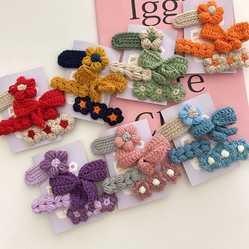 

4 Pcs Knitted Bowknot Flower Hair Bows With Clip Cute Baby Girls Colorful Hair Clips Hairpins Barrettes Kids Hair Accessories