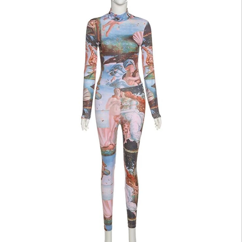 

2020 Fall Woman Jumpsuit Fashion Print Long Sleeve Rompers Womens Jumpsuits Slim Fit Ladies Streetwear Bottoms European Style