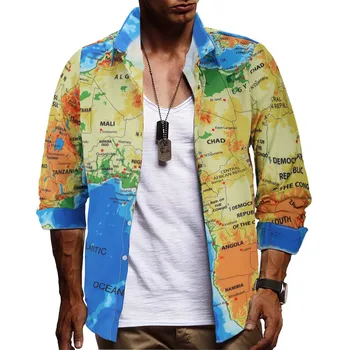 

eu size 2019 brand new map print long sleeve dress shirt men good quality slim fit social shirt men