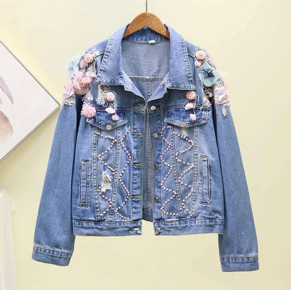 

2019 Autumn Korean Embroidered Nail Beads Three-dimensional Flower Hole Jeans Jacket Women's Loose Denim Jackets Coat r1829