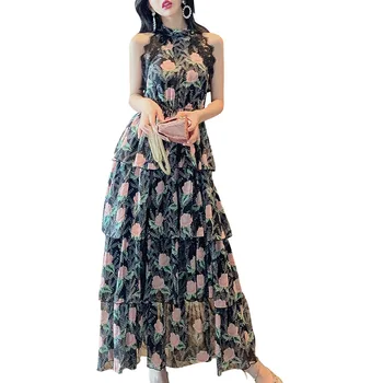 

2020 Lace Panel Printed Ruffles Slim-fit Midi Dress Cake Skirt