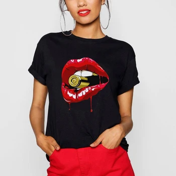 

Camiseta Mujer Ulzzang Red Lips Makeup Print Cotton T Shirt Women Summer Short Sleeve Tee Shirt Tops Funny T-Shirts Plus Size