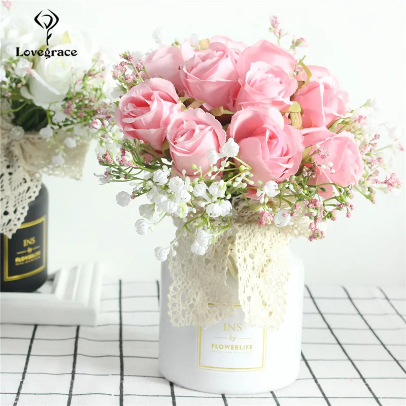 

Wedding Bouquet Bridal Hand Holder Artificial Silk Babysbreath Rose Flowers Lace Small Bouquet Bridesmaids Marriage Decor Flores