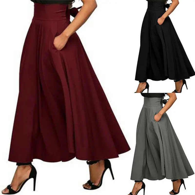 Женская модная новинка, высокая талия, гофрированные длинные юбки, Женская винтажная расклешенная длинная юбка, свинг, атласная юбка
