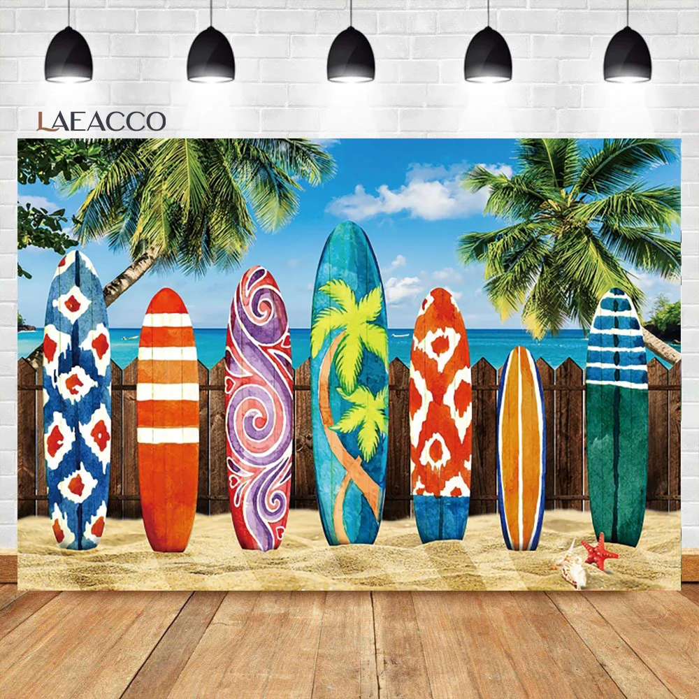 

Laeacco Summer Tropical Beach Vacation Sea Surfing Photocall Background Child Poster Portrait Customized Photography Backdrops