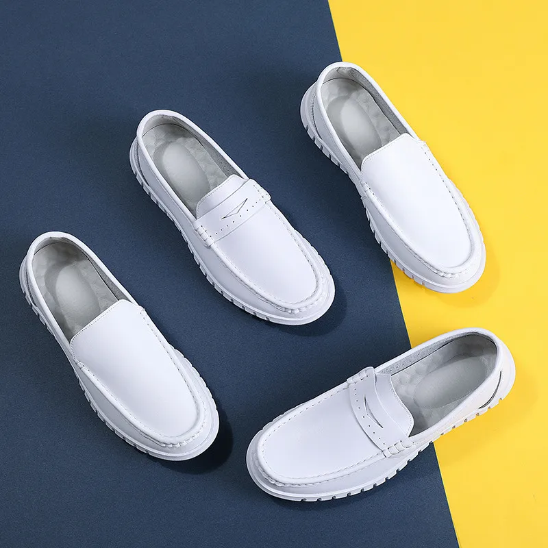 BEYARNENew White Men Casual Shoes Soft Leather Comfortable Doctor Nurse Work Flats Business Loafers Men Designer Shoes